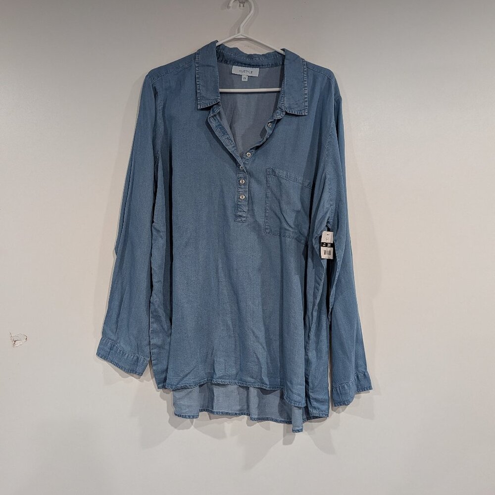 BNWT My Style Chambray Half Button Tunic Light Blue Size 2X